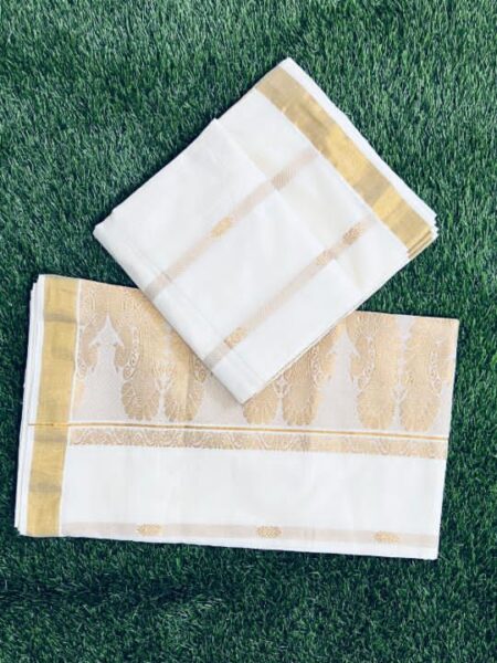 Kerala Kasavu Set Saree with Rich Golden Zari Work - OMSA1004