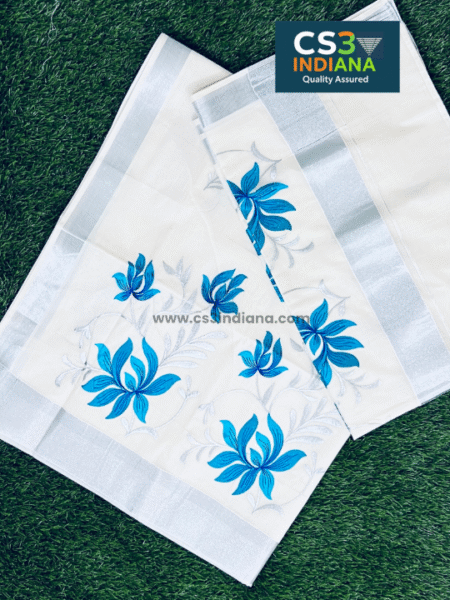 Kerala Set Saree with Elegant Blue Floral Embroidery - OMSA1008