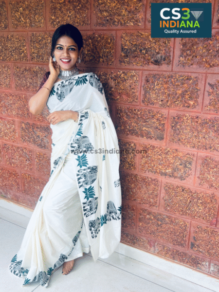 Kerala Set Saree with Traditional Elephant & Leaf Motifs - OMSA1012