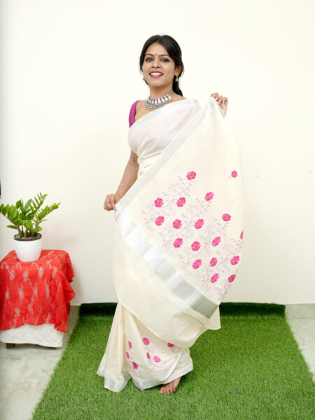 Refined Cream Saree with Pink Floral Embroidery - OMSA1005