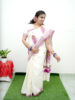 Cotton Set Saree with Pink Peacock Feather Embroidery - OMSA1006